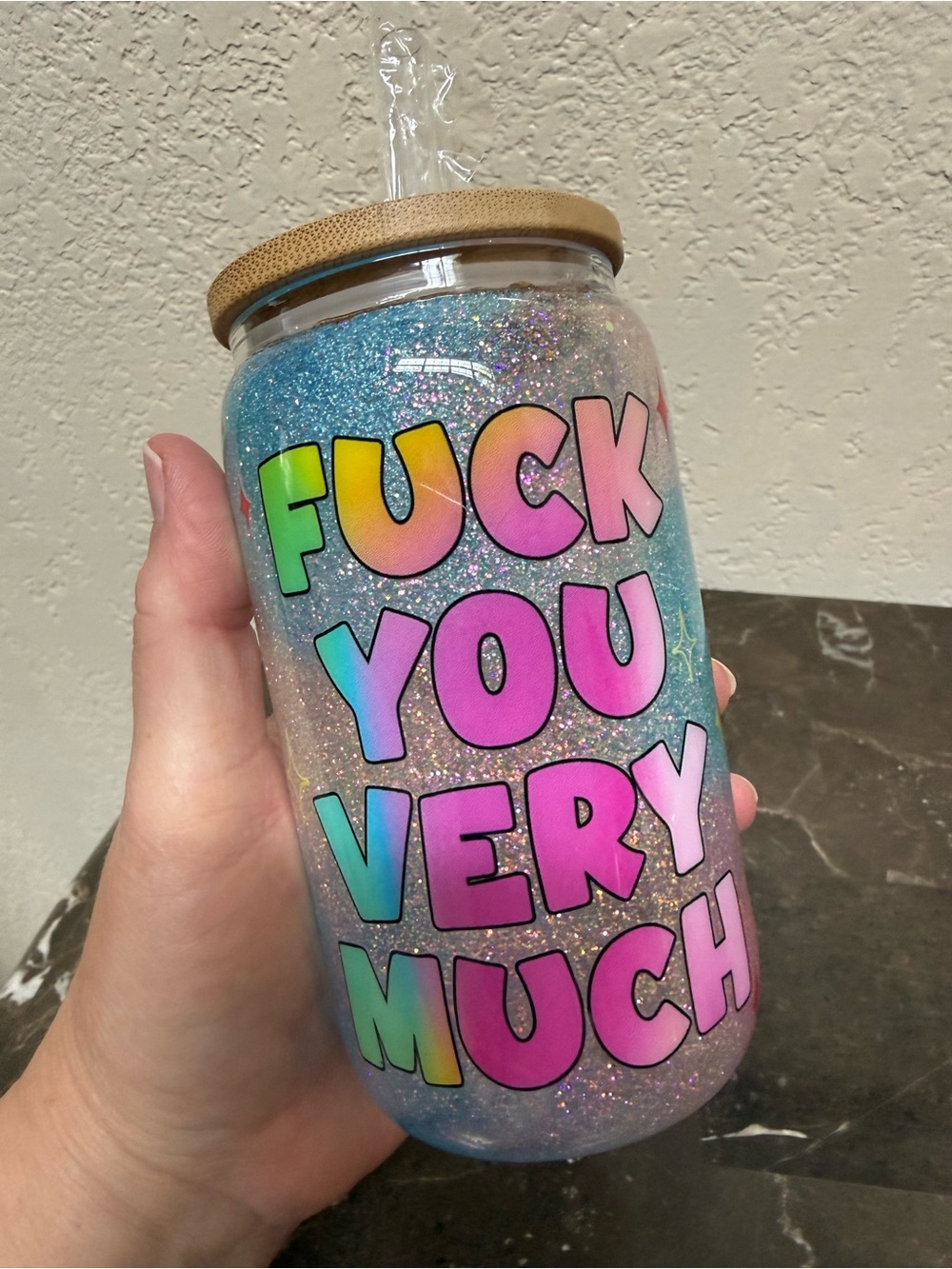 Fuk You Very Much Colorful Glitter 12oz Wine Glass Tumbler Cup with Lid Handmade